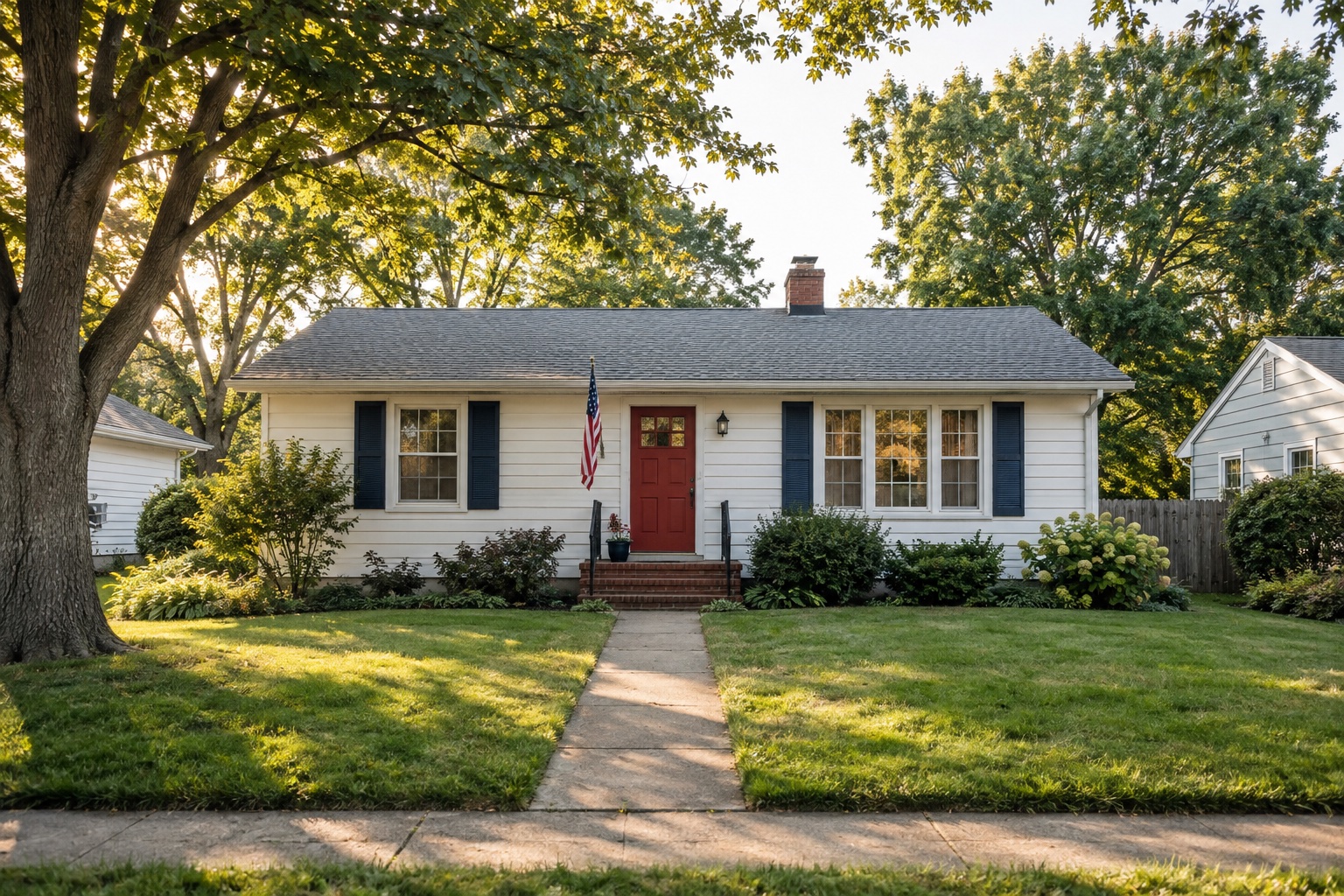 A modest American ranch home with a red front door, flag, and green lawn